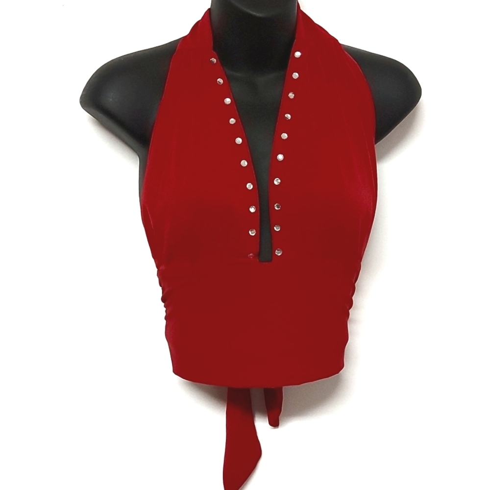 3 for $25- Venus Dark Red Crop Top with Diamante Detailing, Size Small